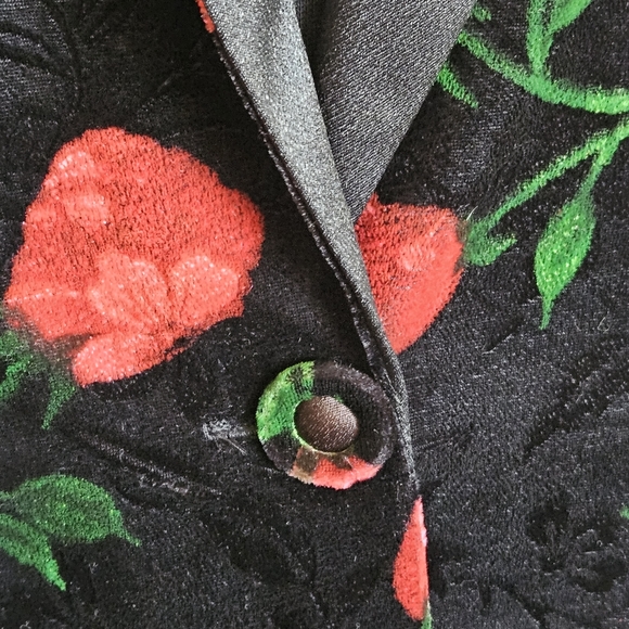 Felicity Barbara Lesser Blazer Black Velvet Rose Print Size L Vintage - Picture 7 of 9